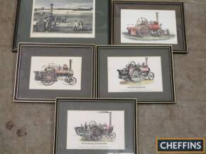 Victorian framed and glazed colour prints depicting steam tractor engines, related equipment and early agricultural scenes (5)