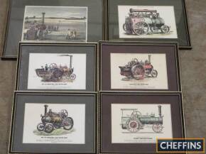 Victorian framed and glazed colour prints depicting steam tractor engines, related equipment and early agricultural scenes (6)