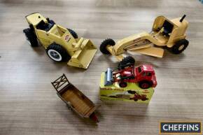 Tonka tinplate grader and loading shovel toys (2) t/w Dinky No.437 Muir-Hill 2wheel loader (boxed) and hay trailer