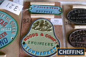 Woods and Compy, Stowmarket t/w A. Jack & Sons, Maybole, cast iron name plates (2)