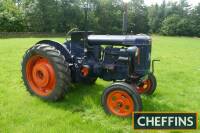 1949 FORDSON E27N L4 4cylinder diesel TRACTOR Reg. No. CJR 959 Serial No. 1098061 Fitted with a Perkins L4 engine, front lights, electric start, rear wheel weights, rear linkage and swinging drawbar on 13.6/12-36 rear and 6.00-19 front with Goodyear tyres