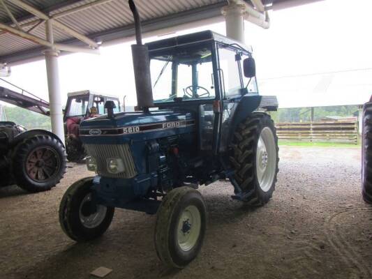 1985 FORD 5610 diesel 2WD TRACTORReg. No. B28 ARNFitted with an AP cab, the vendor states that this Ford has been repainted and shows 7,486 hours. Fitted with 13.6x38 rear and 750x16 front tyres. No documentation supplied but on line checks reveal that a