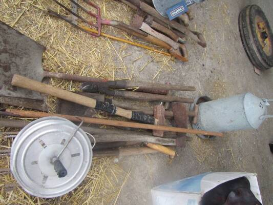 Vintage garden tools, forks, Eltex poultry feeder etc.