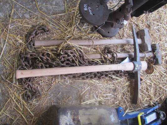2 sledge hammers, new pickaxe and towing chain