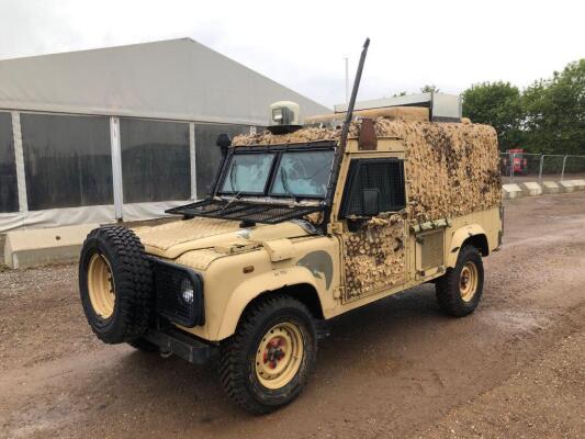 Ex-Army Land Rover Snatch Armoured 110 Defender c/w composite armour, wind screen protection grill, sliding roof, double doors to rear compartment, re