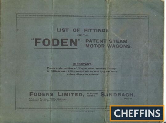 Foden list of fittings for patent steam motor wagons