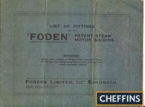 Foden list of fittings for patent steam motor wagons