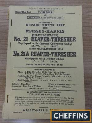 Massey Harris illustrated repair parts list for No. 21/21A Reaper-Thresher, stamped for George Thurlow & Sons Ltd (1948)