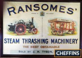 Ransomes Steam Thrashing Machinery - a framed and colourful advertising sign on fabric, dated 1926 and bearing the name of the agent J H Tyson of Selby, framed size is 84x59cm.