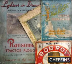 Card advertising signs for Ransomes Tractor Ploughs, Lister Cream Separator and Rob Binder Twine complete with a 1908 calendar for W Laming & Son of Owston Ferry (4 items)