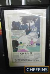 Up River an original 1928 silk screen poster by George Sheringham for the Tram companies depicting an idyllic Thames-side scene, framed and glazed 40x28ins