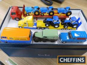 Fordson, Ford and New Holland model commercial vehicles, unboxed, plastic and die-cast (5)