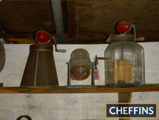 Blow metal butter churn, together with a blow glass butter churn and Kilner jar butter churn