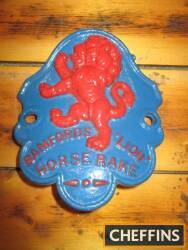 Bamfords Lion Horse Rake, cast iron seat badge, red and blue