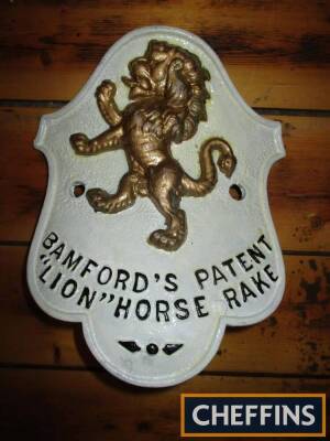 Bamford's Patent Lion Horse Rake, a large cast iron seat badge, gold and black on white