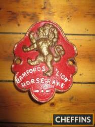Bamfords Lion Horse Rake, cast iron seat badge, gold and white on red