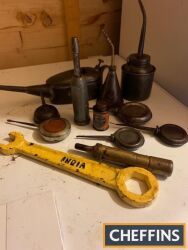 Collection of oiling cans, grease gun and a spanner