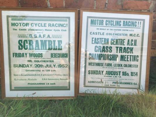 2no. original framed posters The Castle Club Colchester Motor Cycle Club `Scramble` 1952 together with Colchester Castle MCC Eastern Centre Acc. Grass Track Championship Meeting 1954