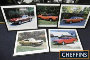 American Muscle Cars, 5 framed and glazed photo images 21x17ins