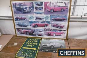 Aston Martin 1982 framed and glazed poster of post war cars together with 2 reproduction signs