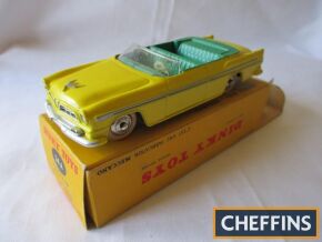 French Dinky 24A Chrysler New Yorker, yellow, ridged hubs, crack to windscreen, otherwise mint with tissue packaging, box good