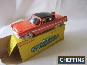 French Dinky 545 De Soto Diplomat, salmon and black, spun hubs, near mint, box stained but fine