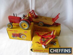 Dinky 300 Massey-Harris Tractor, 320 Harvest Trailer and 322 Disc Harrow, all near mint, boxes are good