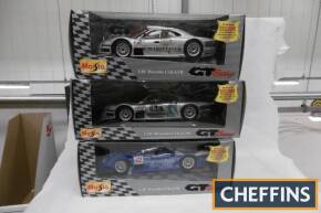Mercedes-Benz 1/18 scale CLK-GTR, 3 Maisto models in different racing liveries, boxed