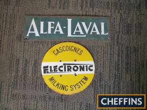 Alfa Laval and Gascoines Electronic Milking System, 2 small enamel signs
