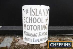 The Island School of Motoring, a telegraph pole mounting enamel sign 12x10ins t/w framed & glazed Advanced Drivers certificates