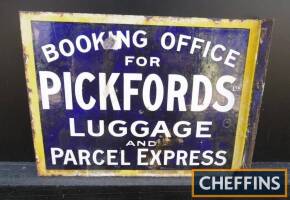 Booking Office for Pickfords Luggage and Parcel Express, a double sided enamel sign with flange 16 1/2x12 1/2ins