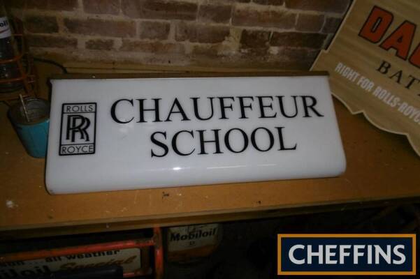 Rolls-Royce Chauffeur School, a Goodwood Revival created hanging illuminated sign t/w a genuine chauffers hat