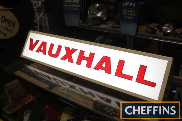 Vauxhall, a dealers hanging illuminated sign c1960s, metal body, Perspex front, working order 48x10x5ins