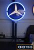 Mercedes-Benz, 1960s forecourt double sided illuminated sign with blue neon rim lighting. Steel construction on a custom built stand, 3ft3ins dia', 8ins deep, 7ft11ins tall over all, ex garage in the south of France