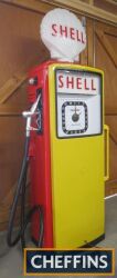 1960 Avery Hardoll Shell petrol pump, restored, in the original Shell colours, internals removed, illuminated dials and globe