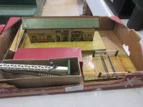 Hornby tinplate station, level crossing, boxed single arm signal