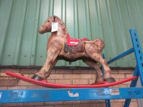 Large tin rocking horse with red saddle, Triang or Mobo style
