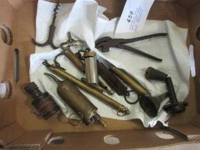 Selection of various brass and other bygones to inc; Salter spring scales, HJ&S lasting pincers, HC Stephens Black and Magic Pocket Savings Bank etc (15)