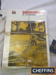 IH B-23 mower operators manual, complete with sales leaflet, together with an IH Wain-Roy back hoe and loader operators manuals (2) with a service manual and parts catalogue