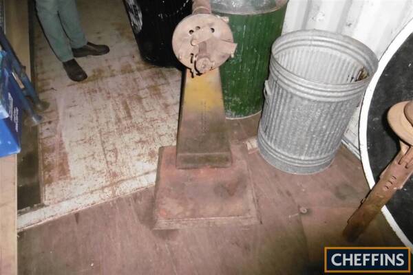 Bradbury wheel balancing stand together with box of lead weights, Goodwood Revival prop