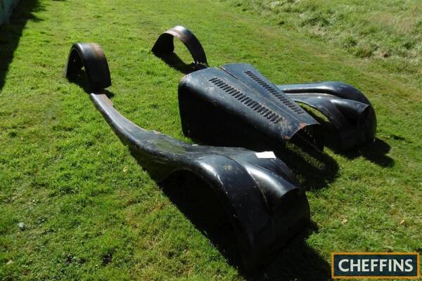 Morgan set of front and rear wings together with both bonnet halves, circa 1960s Plus 4 or 4/4