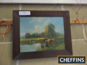 Cattle in water meadows painting