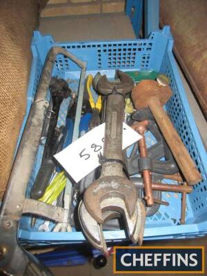 6no. Whitworth open end spanners 5/8in - 1in, together with a box of various new tools and G clamps